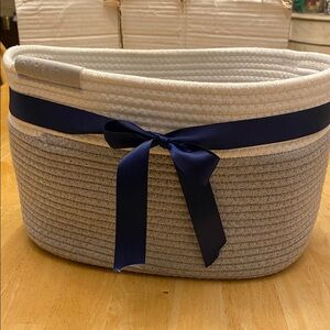 Woven Rope Basket with Navy Ribbon Perfect for storage in bathroom den more